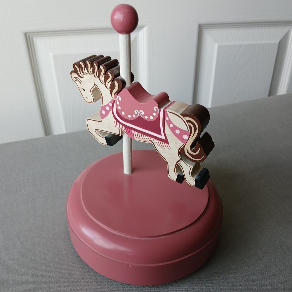 Vintage Handmade Wooden Carousel Horse Music Box pink "Dancer" 5"diameter 7.5"H - Picture 3 of 10